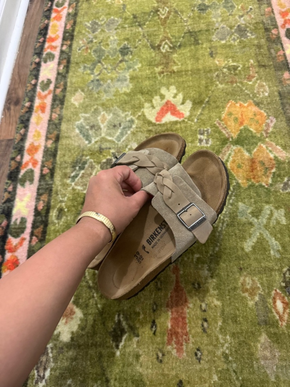 Birkenstock Braided Suede Slide Sandals in Taupe Brown - Picture 4 of 6